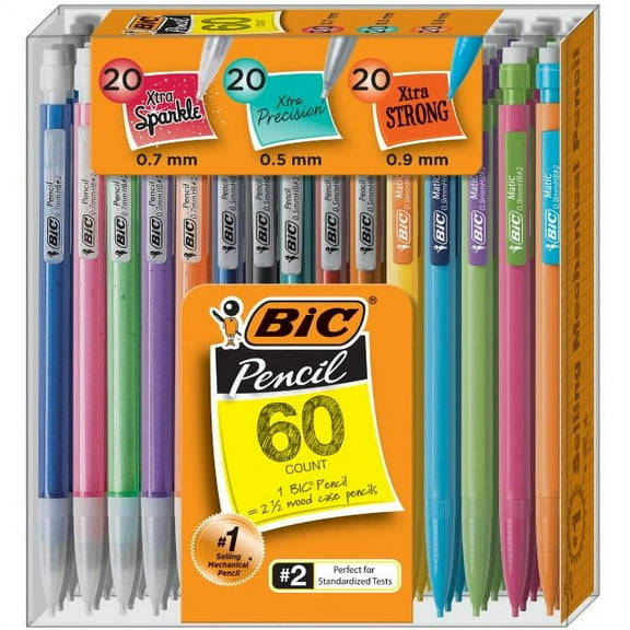 BIC #2 Mechanical Pencil Bulk Variety Pack, (0.5mm, 0.7mm, 0.9mm), Assorted Colors, 60 Pack