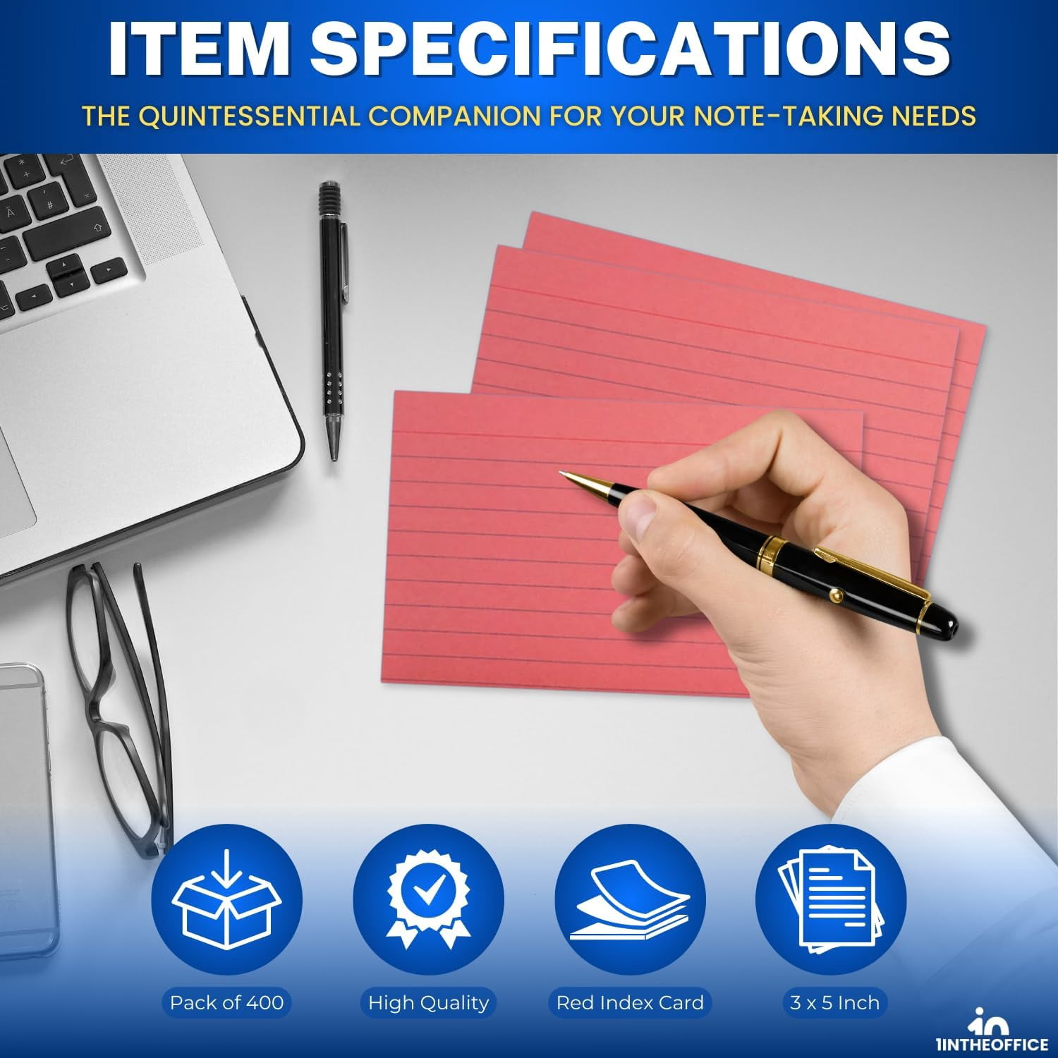 1InTheOffice Index Cards 3x5, Colored Index Cards, Lined , Red, 400 Pack