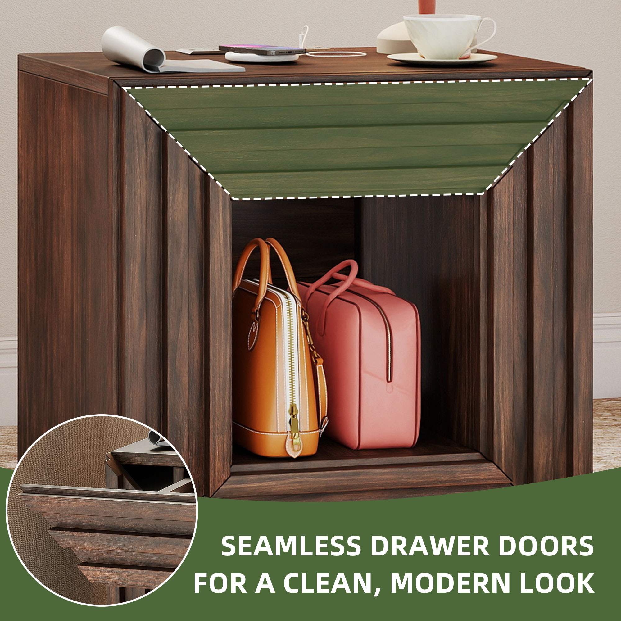 Uforic Square End Table with Charging Station & Storage Drawer, Rustic Side Table, Walnut