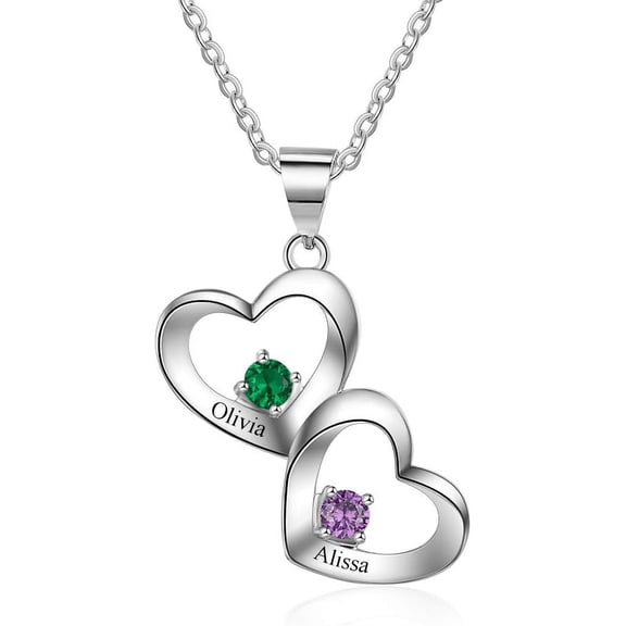 Personalized Sterling Silver Necklace For Women, Couple Birthstones Engraved Names Love Heart Pendant Promise Necklace For Women[Z4466]