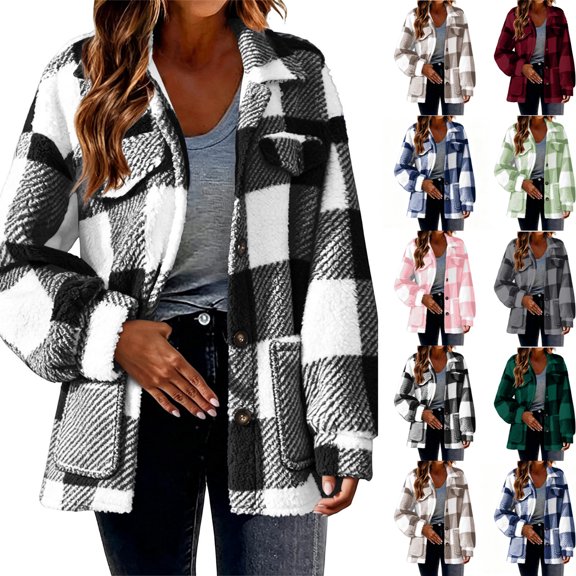 Women's Winter Plaid Fleece Coat Long Sleeve Turned-Down Collar Button-Up Warm Outerwear for Daily Casual Work and Spring Autumn Women's Coats
