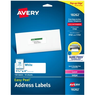 Avery Address Labels, 1-1/3" x 4", Paper, Matte White, Laser/Inkjet, Sure Feed, 140 Labels (18262)