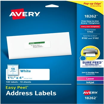 Avery Address Labels, White, 1-1/3" x 4", Easy Peel, Laser, Inkjet, 140 Labels (18262)