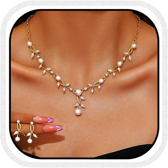 DESIGNICE Pearl Wedding Jewelry Sets Gold Rhinestone Necklace Earrings Sets Prom Bridal Formal Jewelry for Women and Brides