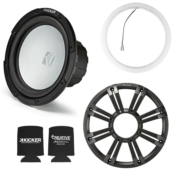 Kicker 45KM104 10 Inch Marine Subwoofer 4 Ohm Charcoal Grill with 47KLSR10 Led Lighted Speaker Ring