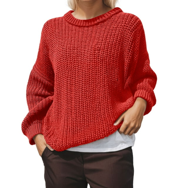 UJNDER Chandail Décontracté Surdimensionné pour Femmes en Tricot Doux à Manches Longues Col Rond Tunique Confortable Coupe Ample Rouge m
