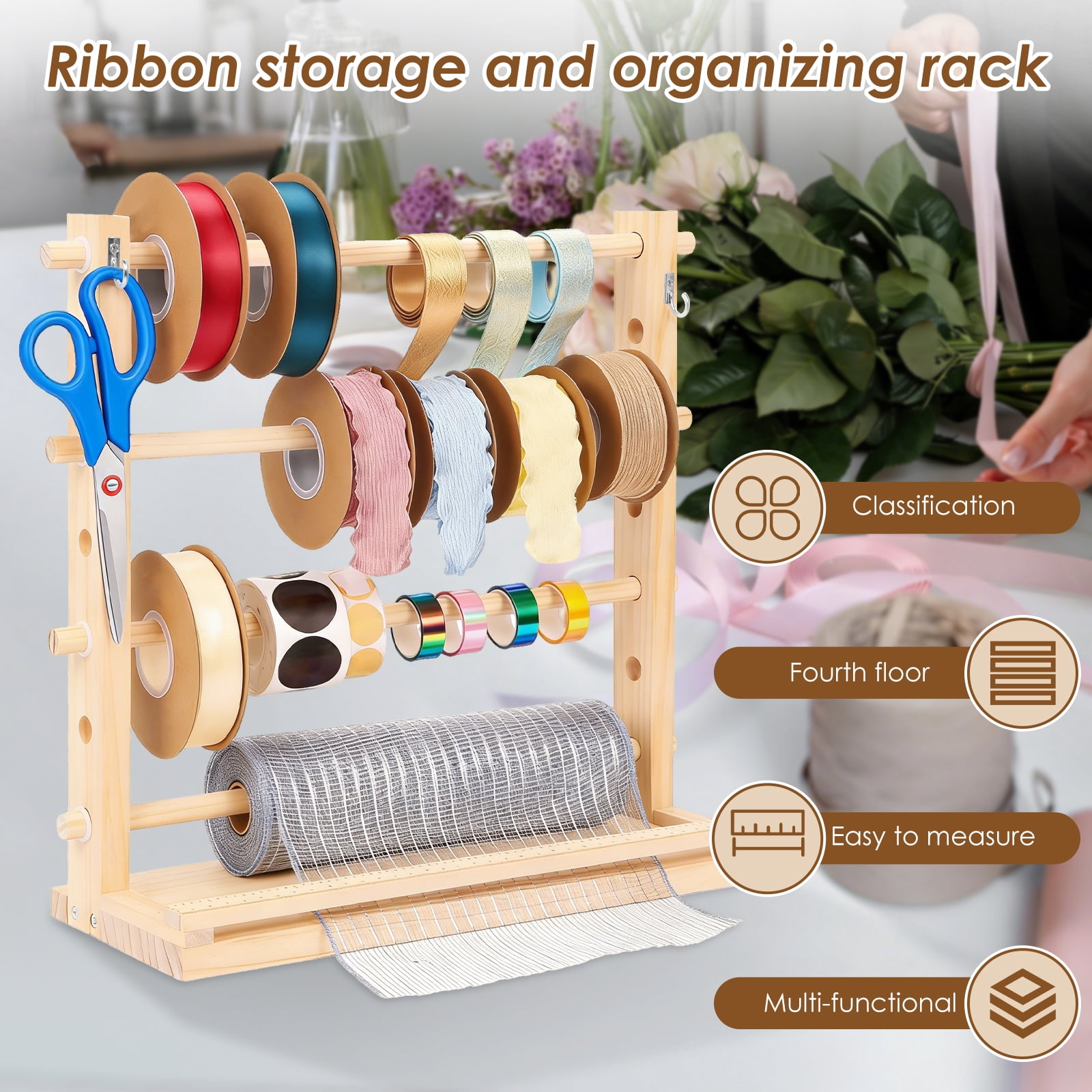 Threns Wooden Ribbon Storage Rack,4 Tier Ribbon Storage Organizer,Thread Washi Tape Spool Holder Organizer for Sewing Craft Wreath Crochet Roll Florist Arts Wrapping Gift,15.7"