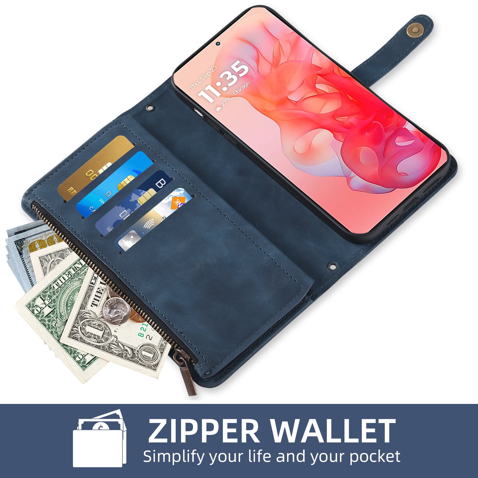 Asuwish Phone Case for Motorola Moto G Stylus 5G 2024 Wallet Cover With Tempered Glass Screen Protector Crossbody Wrist Strap Flip Pattern Zipper Credit Card Holder Stand Slot Cell G5 Women Men Blue