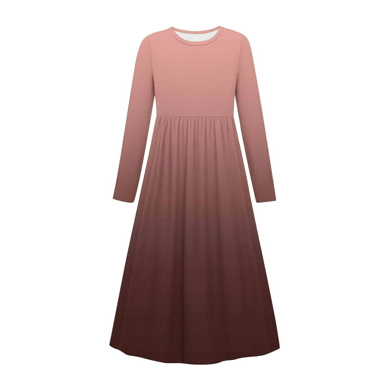 fnnxnal Big Girls' Brown Ombre Long Sleeve Maxi Dress - Side Pockets,  Smocked Waist, Soft Stretch, 9-10T, Machine-Washable - Walmart.com