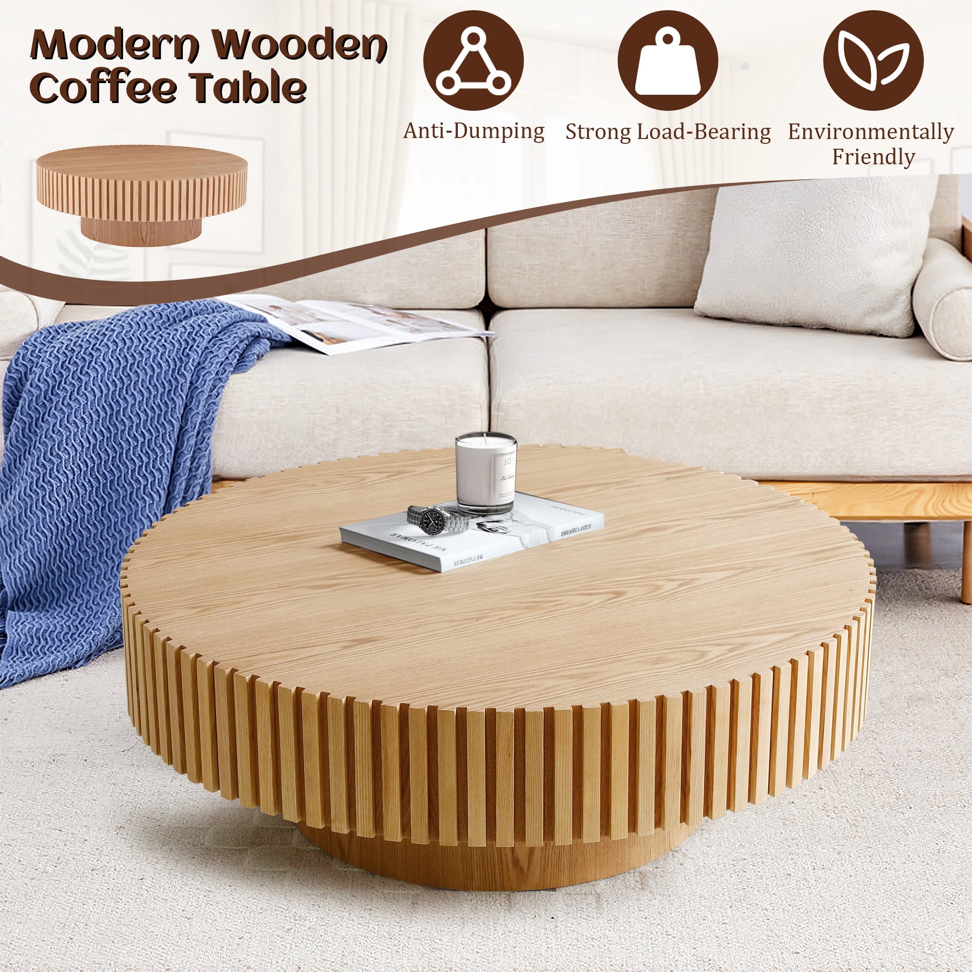 FFH 31.5" Round Coffee Table for Living Room,Rustic Modern Coffee Table with Sturdy Pedestal,Nature Wood Handcraft Corner Coffee Table,Circle Side Table Centre Table for Apartment,Nature