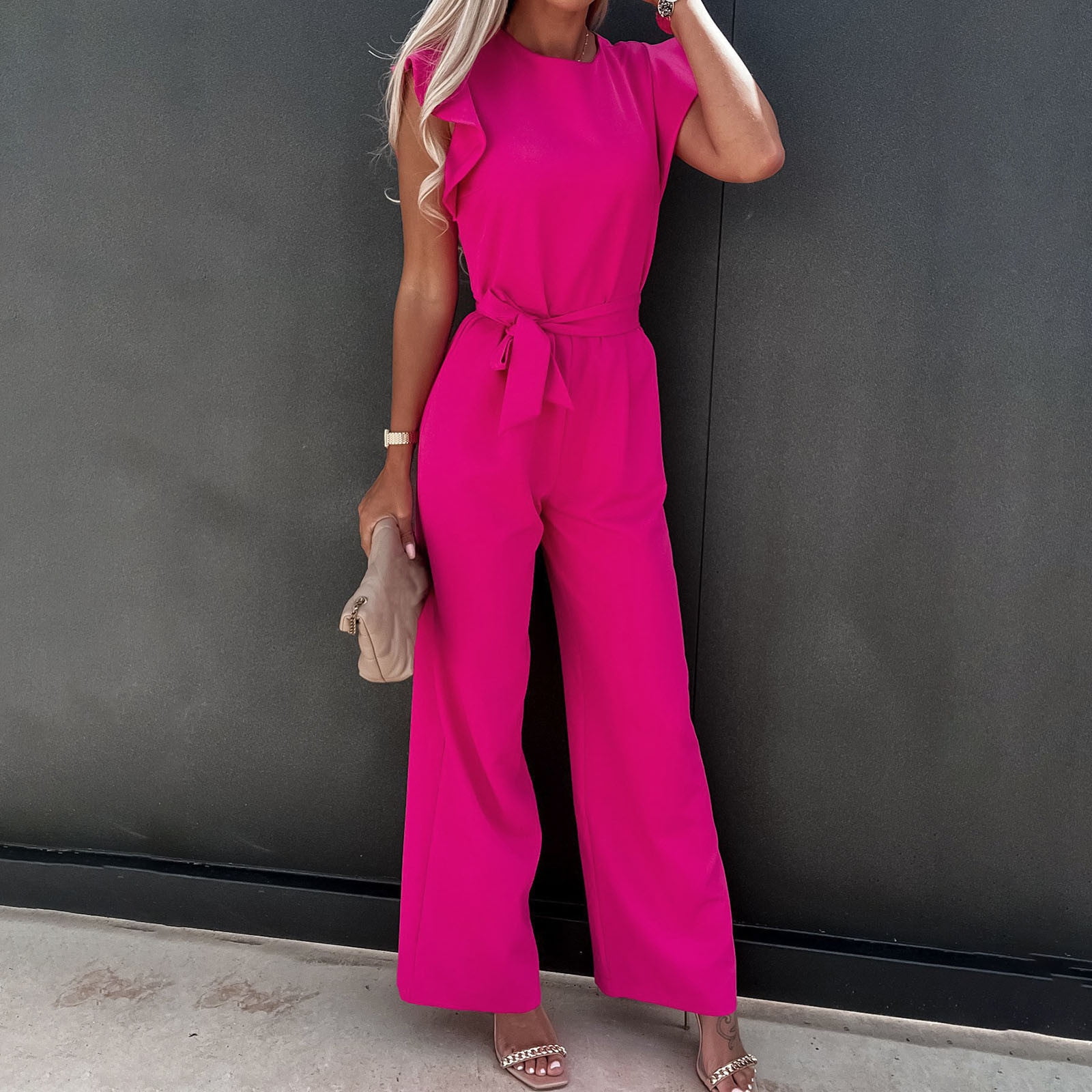 Jumpsuits for Women Dressy Womens Fashion Summer Solid Casual Ruffle Short  Sleeve Suspender Jumpsuit Enterizos De Mujer Elegantes Largos