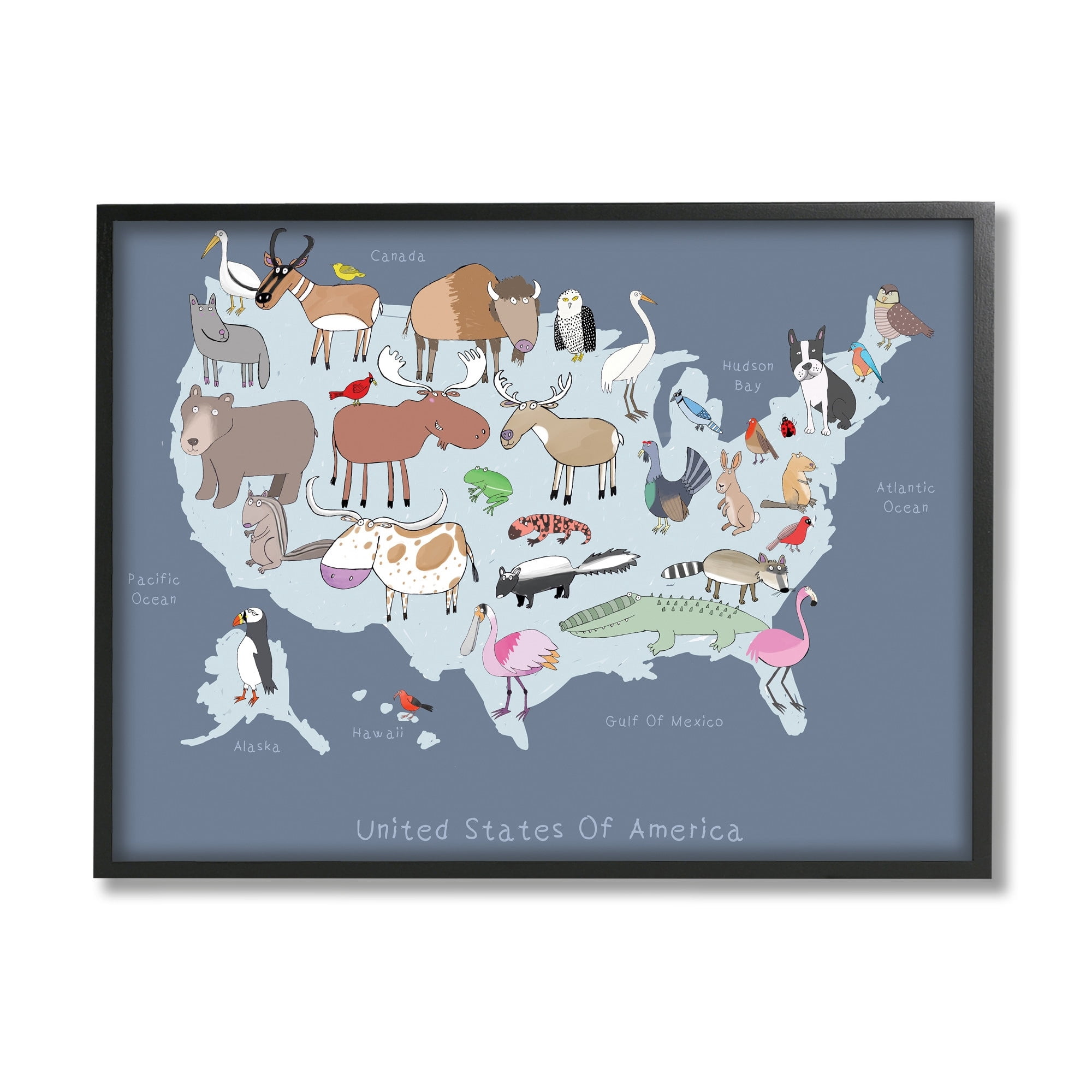 Stupell Industries United States Map with Playful Animal Illustrations,11 x 14,Designed by Carla Daly