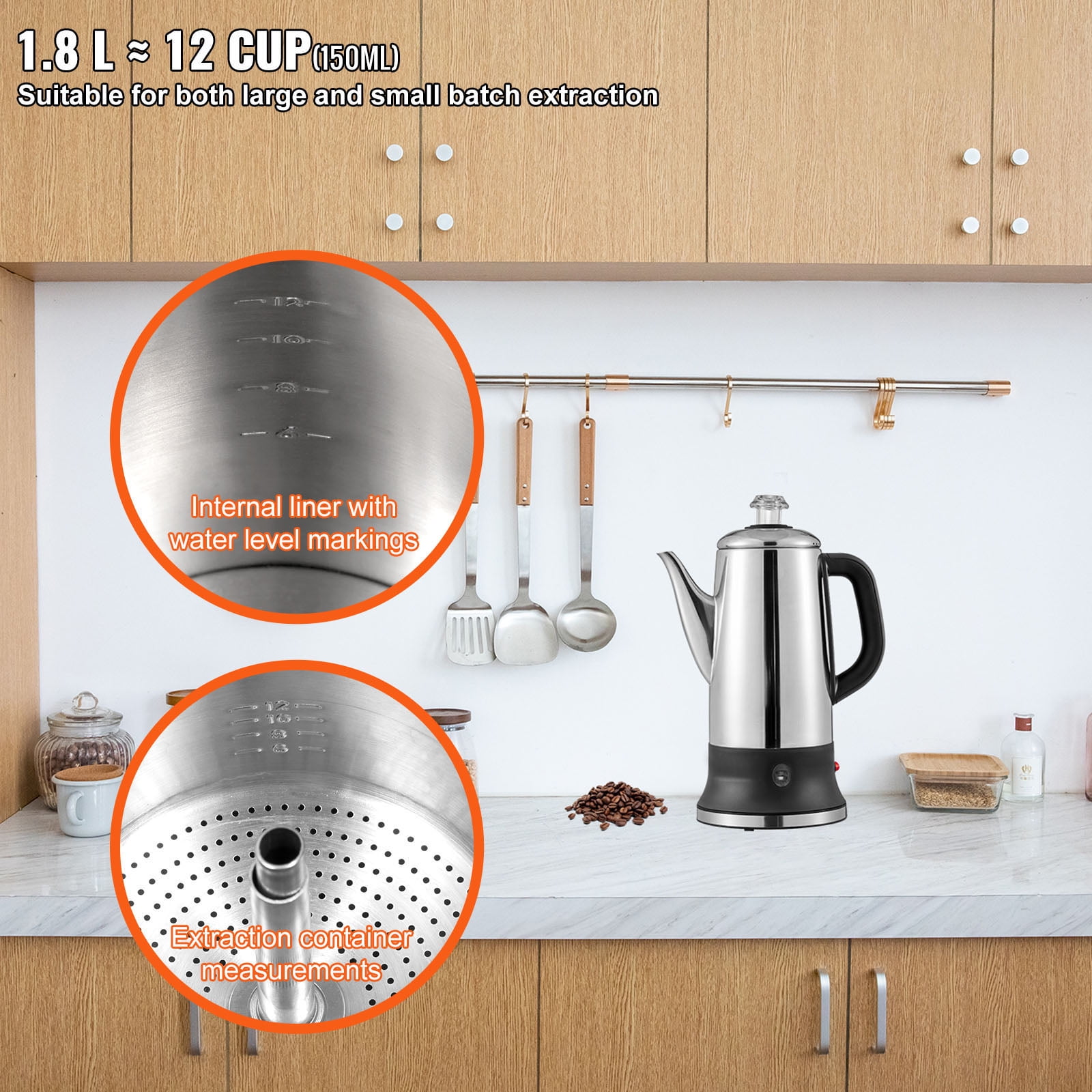 BENTISM 12-Cup 304 Stainless Steel Coffee Percolators Coffee Pot Coffee Maker Electric Coffee Percolator 1000W Automatic Keep-Warm & Split Power Base
