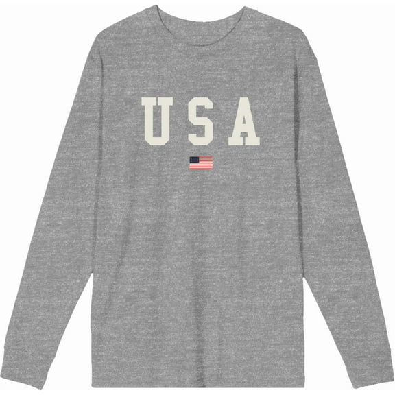 Americana USA Flag Crew Neck Long Sleeve Heather Gray Adult Tee-Medium