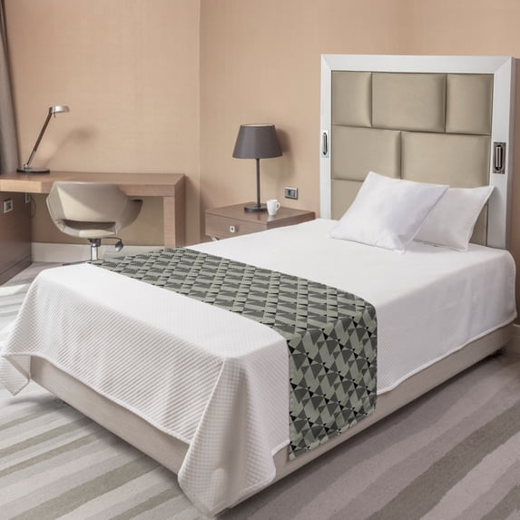 Abstract Bed Runner, Complex Geometric Triangles with Scrapbook Style Stripes Minimal, Decorative Accent Bedding Scarf for Hotels Homes and Guestrooms, Twin, Dark Taupe Grey and Ivory, by Ambesonne