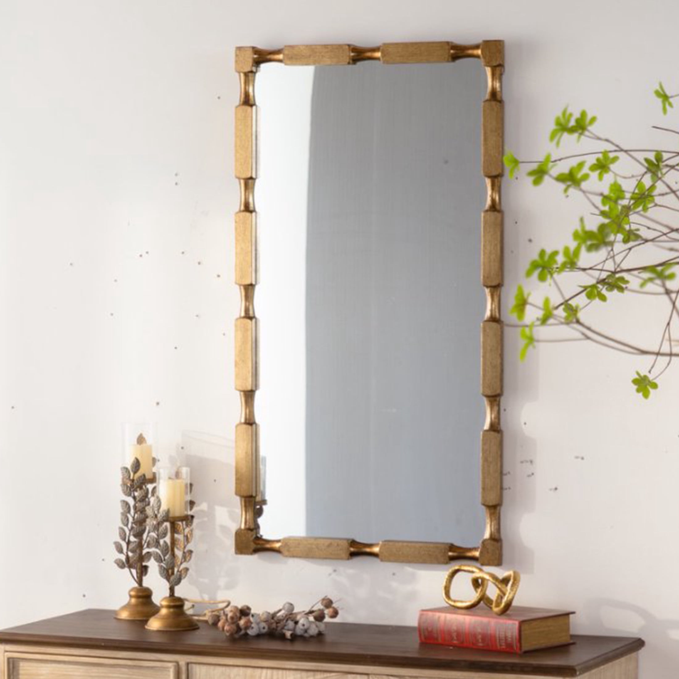 Noble House Valmont Bamboo Rectangular Wall Mirror, Textured Modern Frame for Entryway, Living Room, Gold
