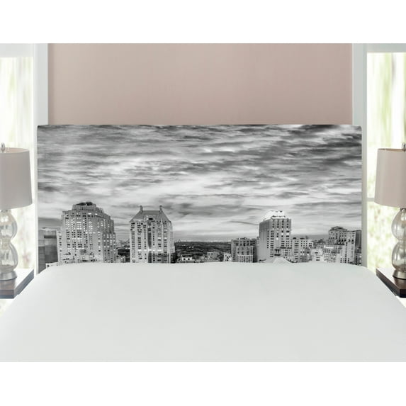 Black and White Headboard, Skyline Rooftop View of New York in Cloudy Day Panoramic Bust Cityscape, Upholstered Decorative Metal Bed Headboard with Memory Foam, Full Size, Black White, by Ambesonne