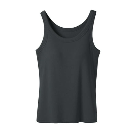Ribbed Cotton Tank Top with Built in Bra for Women Shelf Bra Camisole Tops Workout Tops Cami Bra Padded Tank Top Sports Bras Dark Gray L