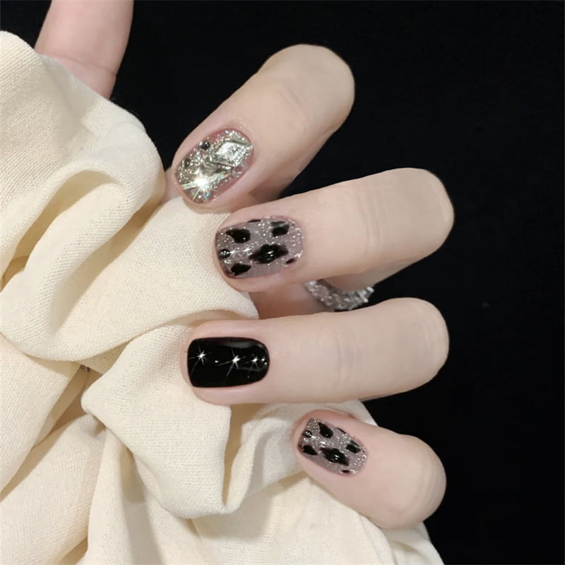 24Pcs Shiny Rhinestone Nail Patch Sweet Style Removable Short Paragraph  Manicure Save Time Glue Type False Nail Patch New 233-Dark Night Full Drill  Fake Nails [Jelly Glue] 