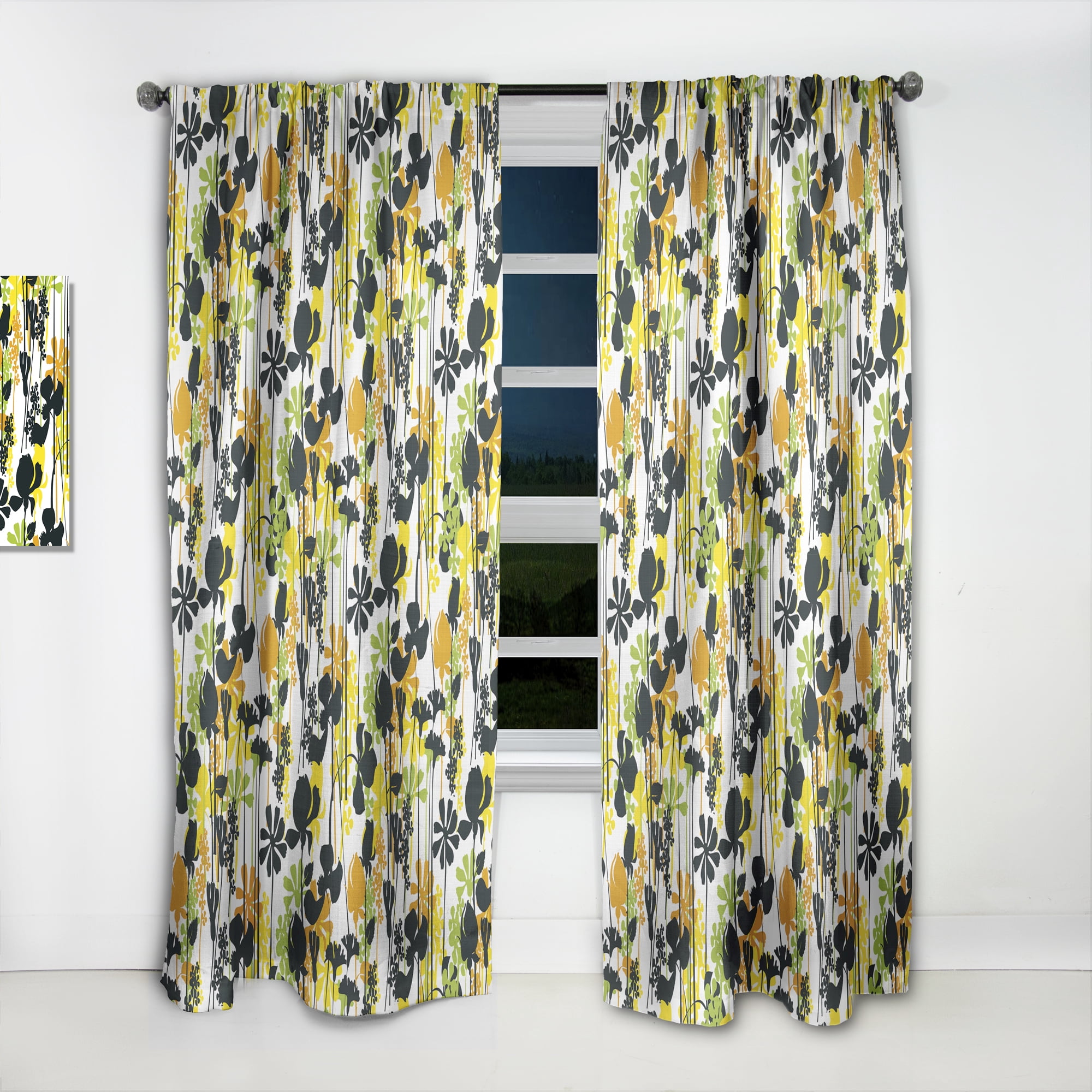 Designart 'Summer Meadow Pattern, Black silhouettes On White' Mid-Century Modern Curtain Panel
