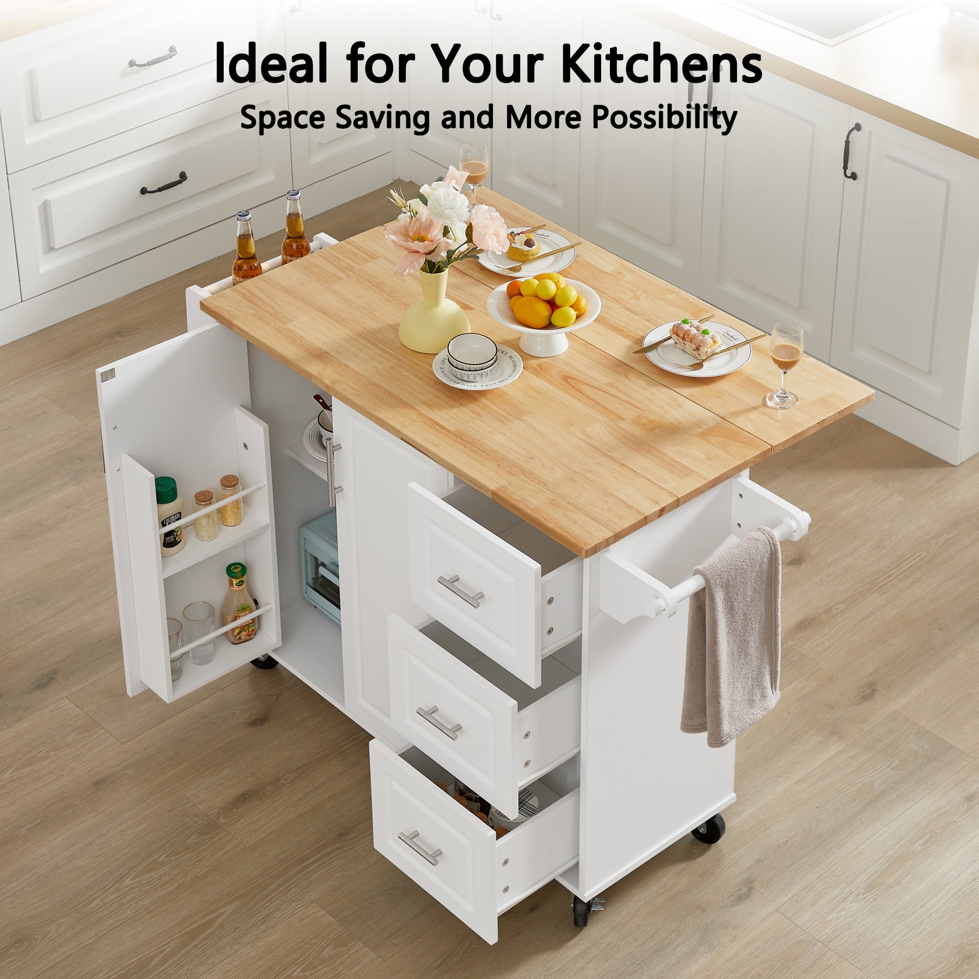 Rolling Kitchen Island with Drop Leaf Countertop, Farmhouse Kitchen Cart with Storage Cabinet & Tower Rack, Barn Door Table on Wheels, Space Saver, White