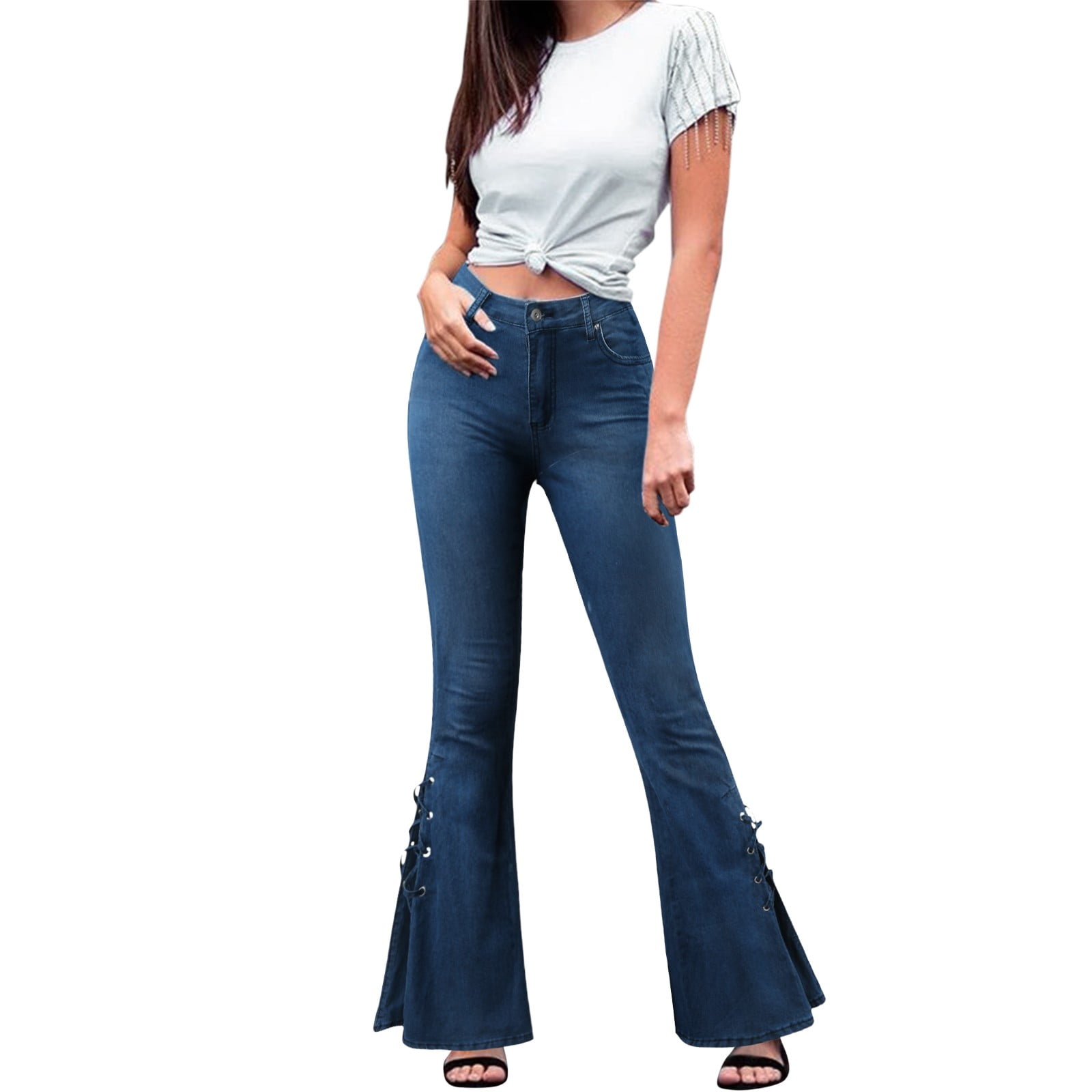 Women's Lace-up Bell Bottom Denim Pants Mid Waist Stretchy Women's Lace-up Bell Bottom Denim Pants Mid Waist Stretchy