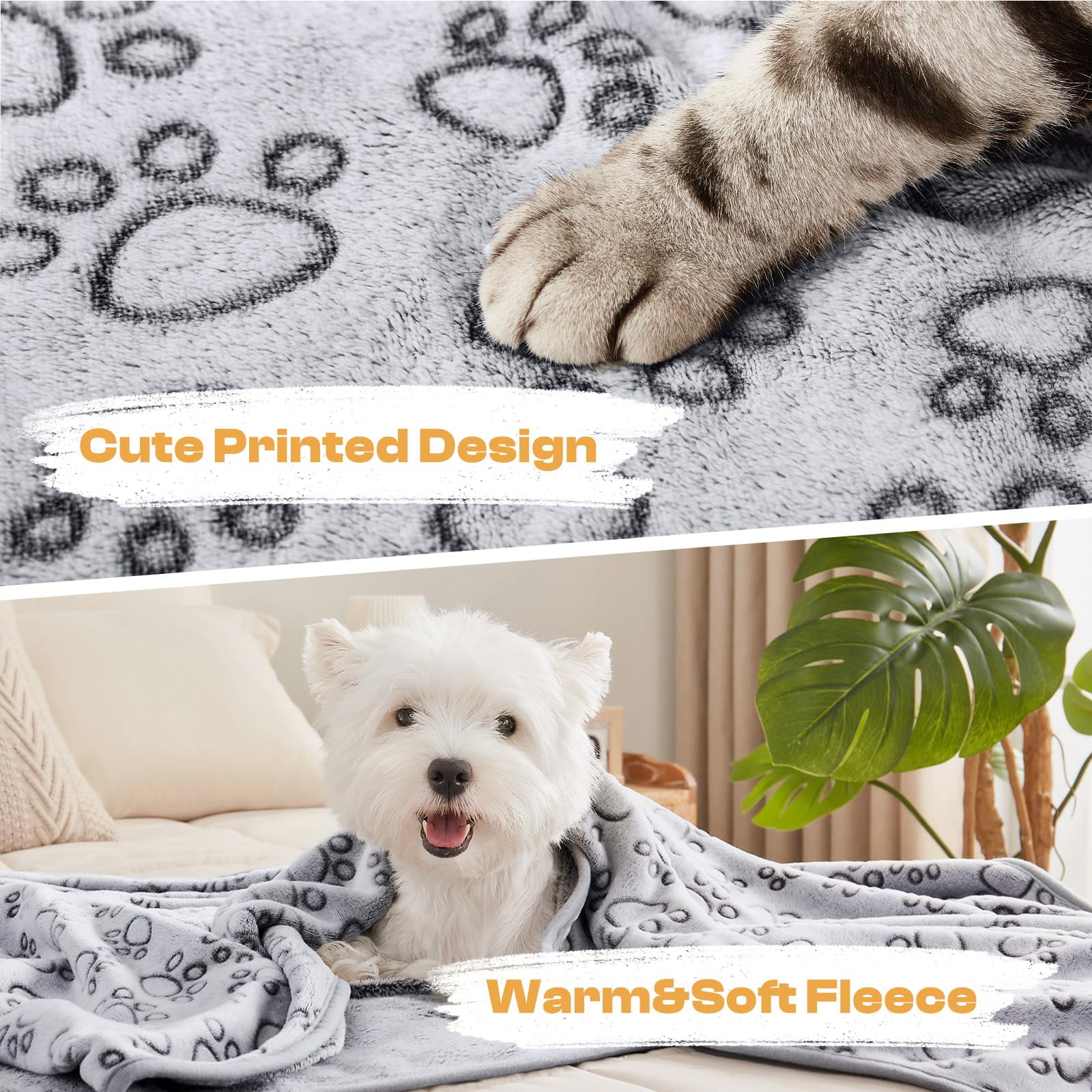 BLRTUN 3 Pack Blankets Fluffy Premium Fleece Pet Blanket Flannel Paw Printed Throw for Dog Cat Grey Paw