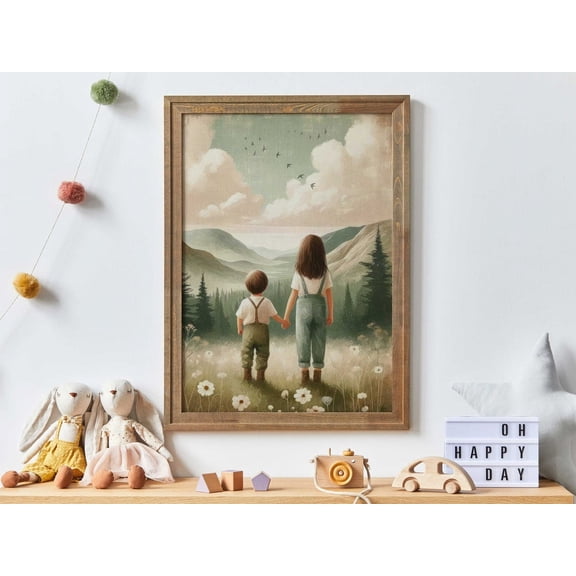 Brother & Sister Print, Siblings Adventure Decor, Girl And Boy Painting, Sibling Wall Art, Mountain Nursery Decor For Children Wall Art, Modern Wall Decor, 8x12 UNFRAMED