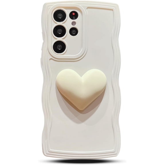 for Samsung Galaxy S22 Ultra Case 6.8", Cute Kawaii 3D Love Heart Aesthetic Curly Wavy Edge Non-Slip Camera Lens Cover Soft Silicone Shockproof Bumper Phone Cover for Women (Beige)