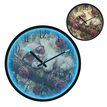 Red Rose Cat Luminous Wall Clock with Sound-Activated LED 12-Inch Silent Acrylic Timepiece for Bedroom Livingroom or Office