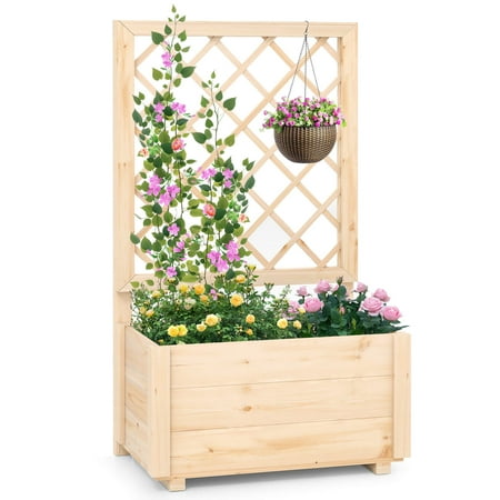 Costway 1 PCS 40 Tall Wooden Raised Garden Bed with Lattice Trellis for Climbing Vine