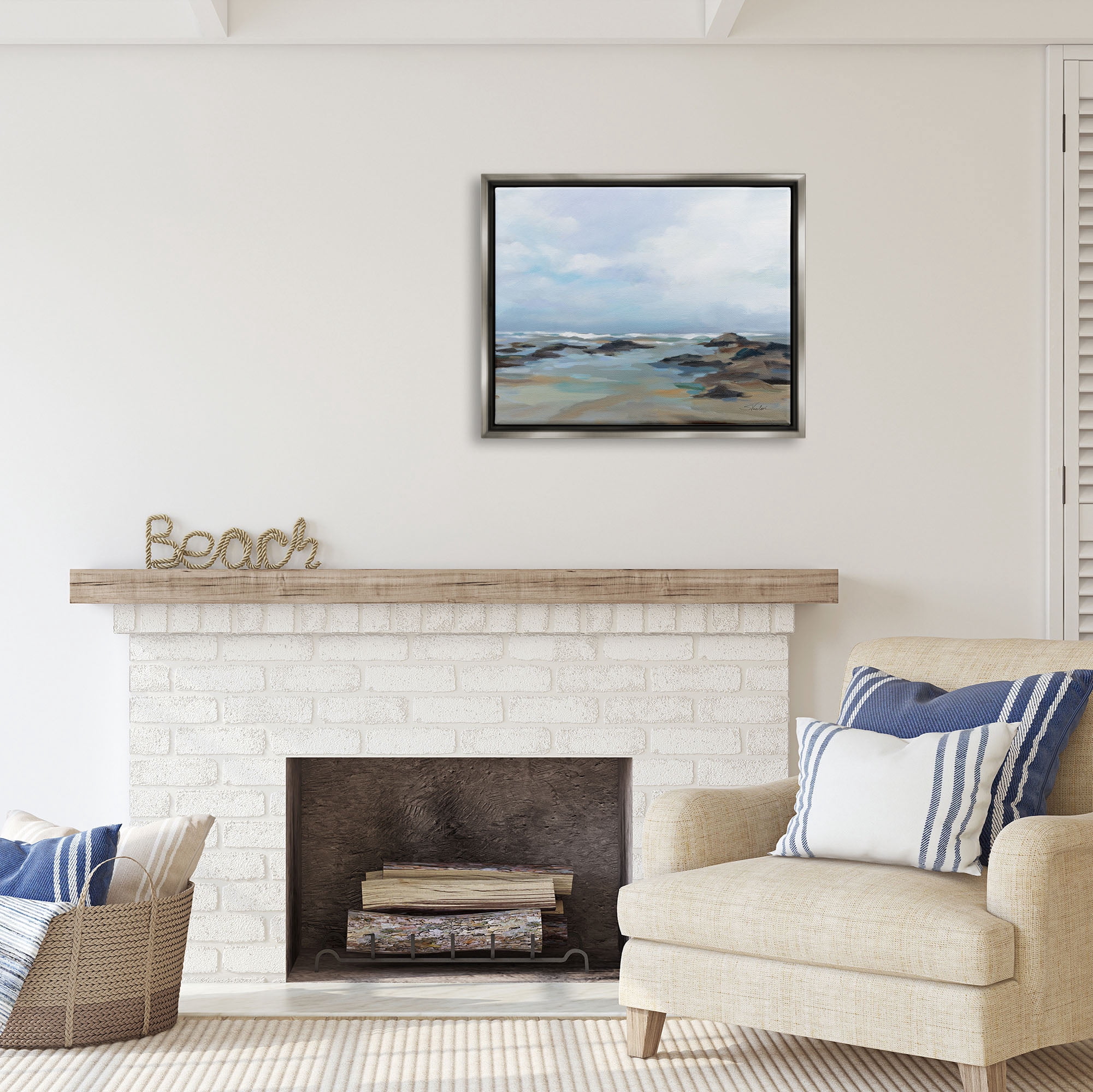 Stupell Industries Morning Beach Painting Nature Painting Gray Floater Framed Art Print Wall Art, 31 x 25