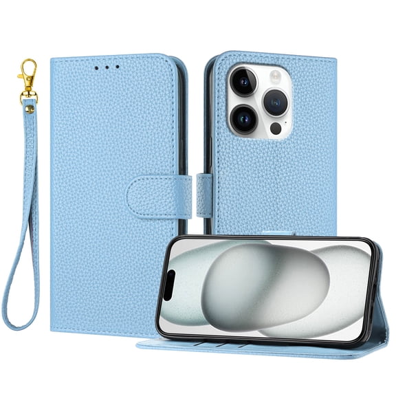 Wallet Case for iPhone 16 Pro Max, Lychee Texture PU Leather Flip Cover with Credit Card Slots Kickstand Wrist Strap Magnetic Closure Full Body Shockproof Drop Protective Phone Case, Blue