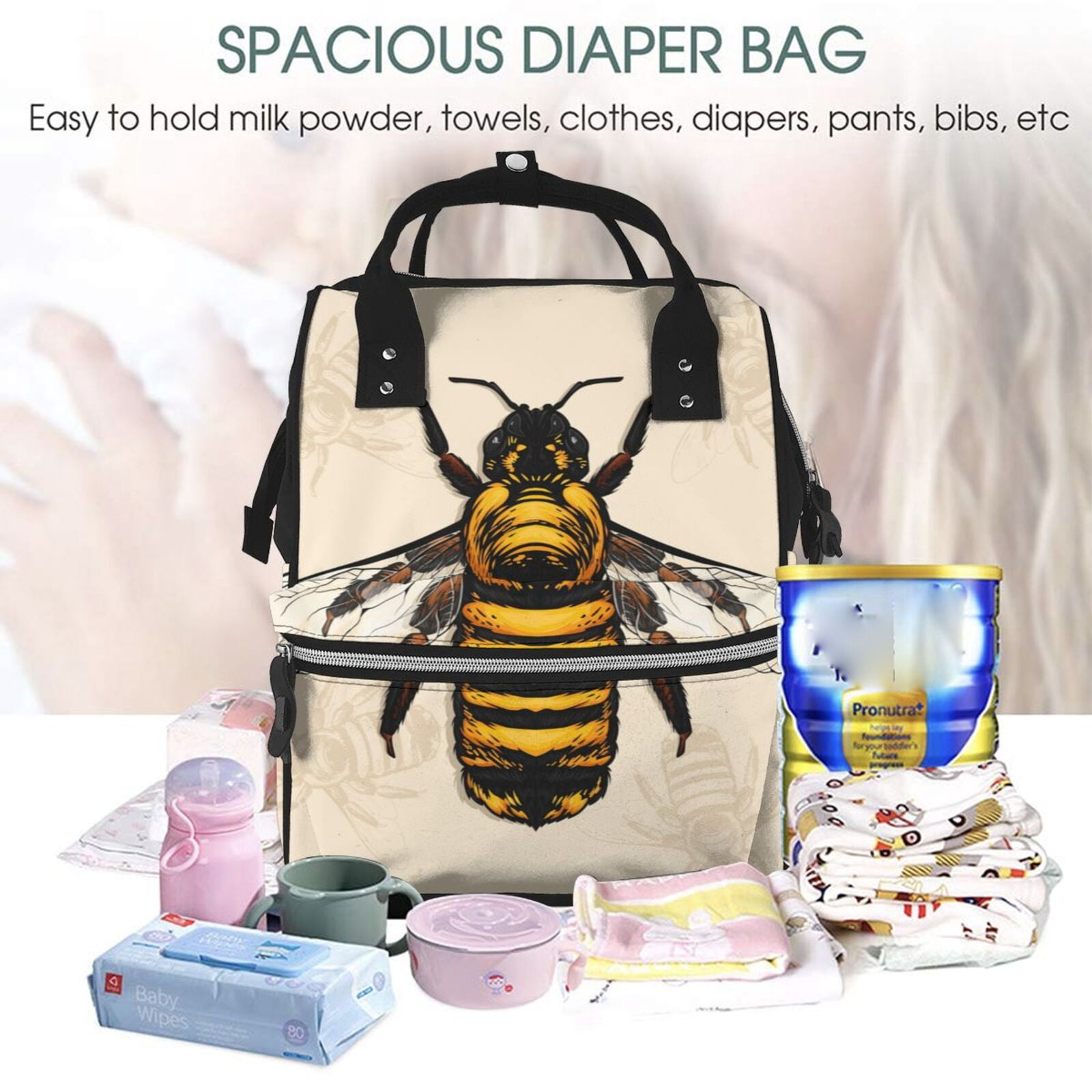 Fuzoiu Honey Bee Print Diaper Bag Backpack,Baby Essentials Travel Tote,Multi function Waterproof Diaper Bag, Travel Essentials Baby Bag - Unisex