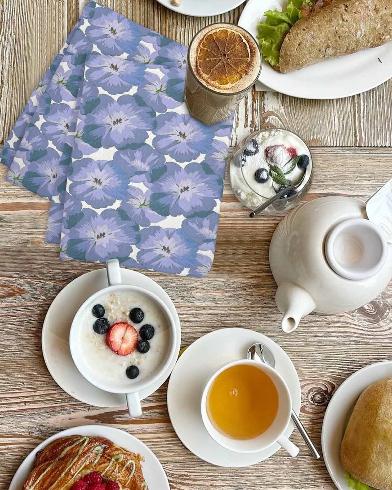 Purple Flower Kitchen Dish Towels for Drying Dishes Set of 3, Spring Floral Country Pastoral Garden Waffle Weave Microfiber Terry Hand Tea Bathroom Towels Quick Dry & Absorbent Towel 15.7x23.6