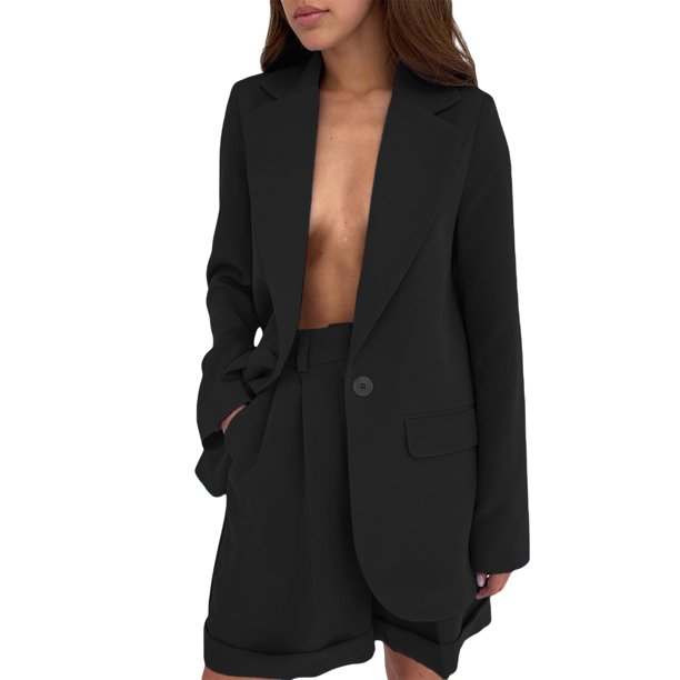 Txlixc Pantalones cortos de traje de mujer, cuello de solapa de color sólido Txlixc moda