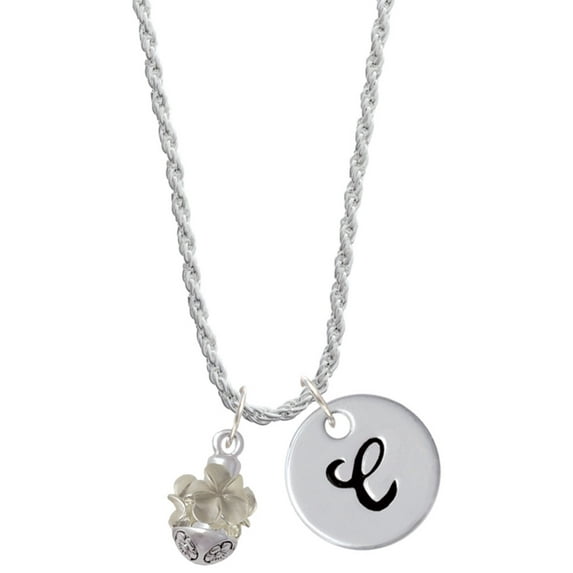 Delight Jewelry Silvertone White Plumeria Flowers Spinner Silvertone Script Initial Disc - C - Charm Necklace, 20"+3"