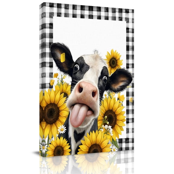 Farmhouse Cow Canvas Wall Art for Living Room, Animal Yellow Sunflower Rustic Black Plaid Poster Print Painting for Bedroom Office Home Decoration Wall Pictures Prepare To Hang 12"x18"