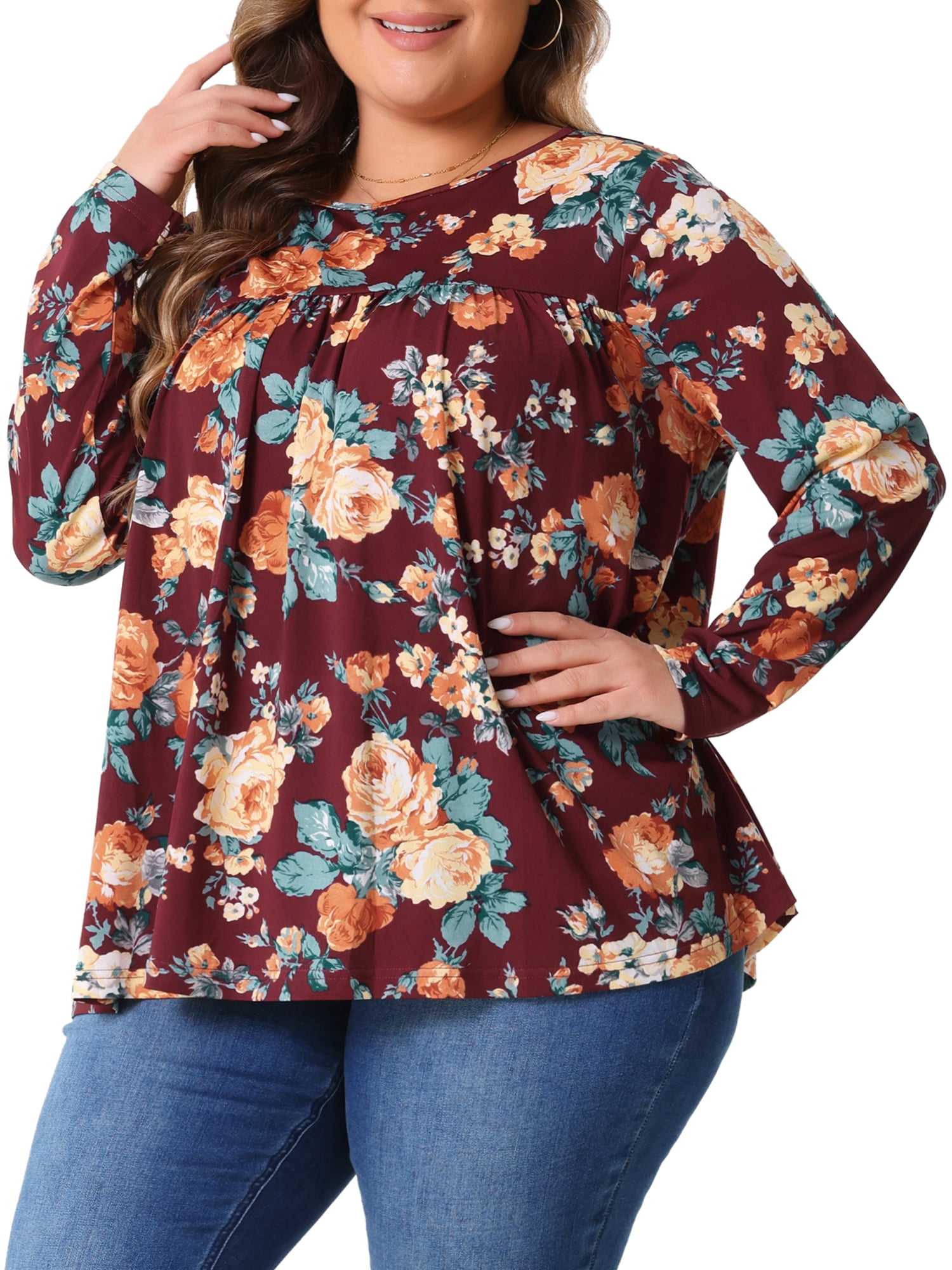 DARING DIVA Women's Plus Size Floral Long Sleeve Pleated Crew Neck Blouse 1X Burgundy