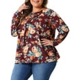 thumbnail image 2 of DARING DIVA Women's Plus Size Floral Long Sleeve Pleated Crew Neck Blouse 2X Burgundy, 2 of 6