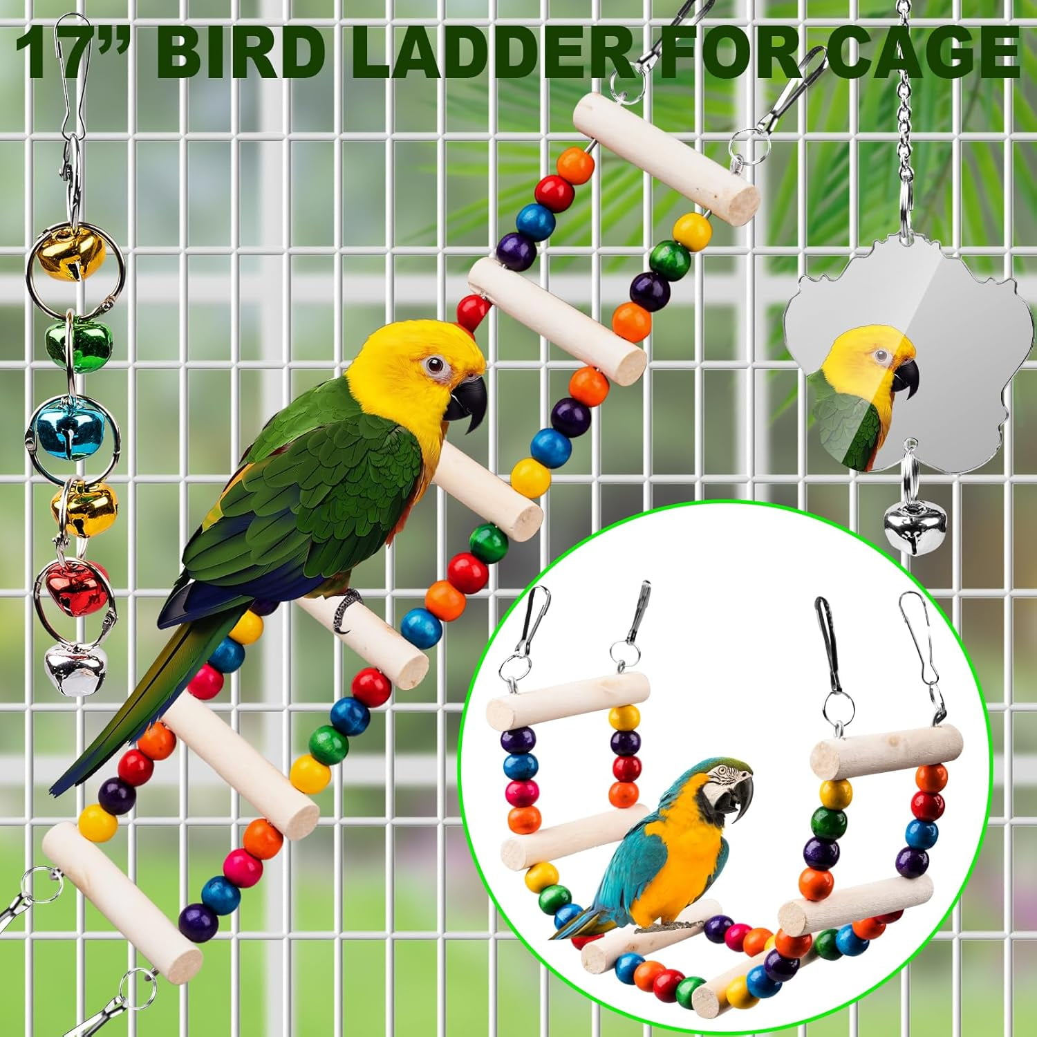 Bird Toys for Parakeets 7Pcs, Wood Parrots Toys Budgie Toys for Bird Cage Accessories, Bird Perch Swings for Small Birds Toys, Conure Cockatiel Toys, Bird Ladder Swing for Parakeets Climbing 18''
