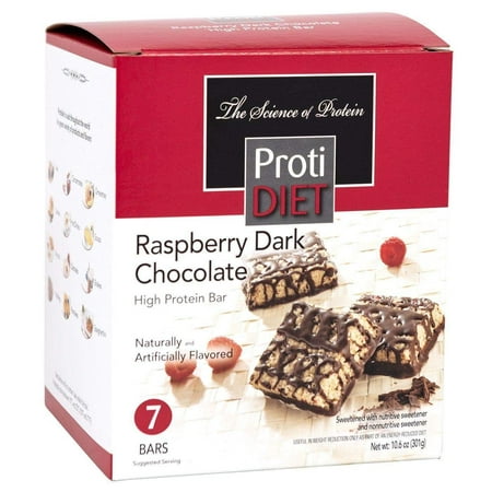 ProtiDiet Protein Bar Square - Raspberry Dark Chocolate - 7/Box - High Protein 15g - Low Calorie - Low