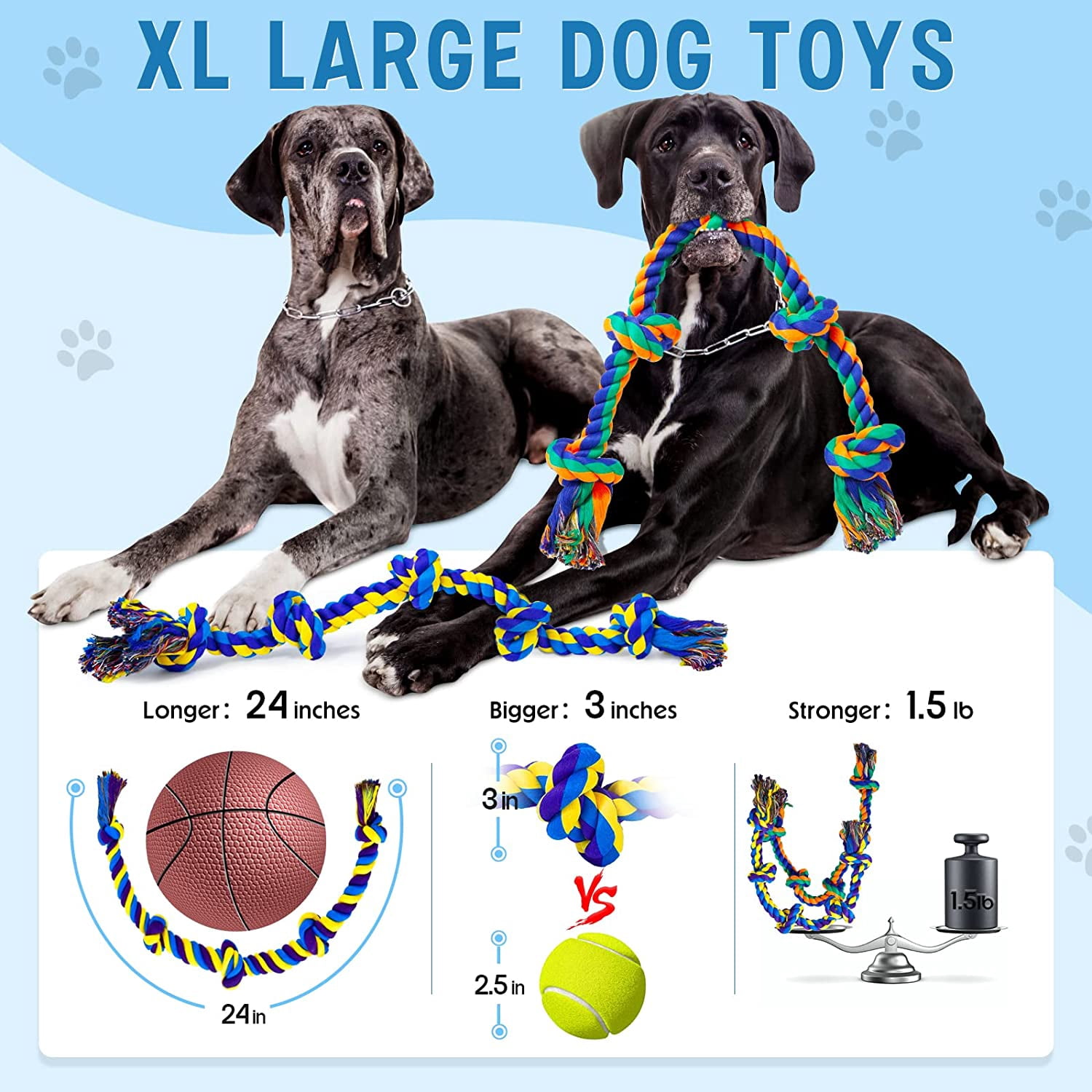 "XL Dog Chew Toys for Aggressive Chewers Large Breed, 2 Pack Tough Indestructible Dog Toys for Aggressive Chewers, Durable Puppy Chew Toys for Teething, Heavy Duty Cotton Dog Rope Toys for Large Dogs"
