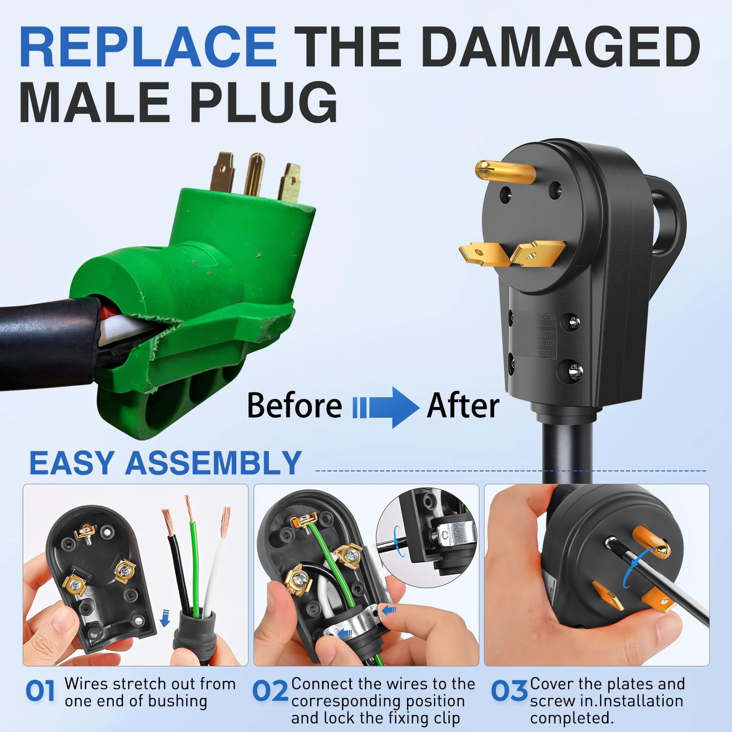 Nilight 30 Amp RV Male Replacement Plug 125 Volt Heavy Duty with Handle ETL Listed NEMA TT-30P for Camper Caravan Motorhome Van Trailer