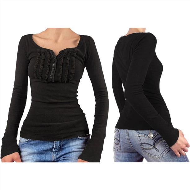 Blusa de Larga con Estampado de Hadas Grunge para Mujer, Estilo Otoño Y2k, con Cuello Cuadrado y Encaje, Estilo Vintage, Estilo Entallado. Negro XL
