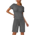 thumbnail image 1 of Camisas de Color Sólido para las Mujeres Cuello Redondo Manga Corta, Elástico de la Cintura Dibujo Cuerda Bolsillo Pantalones Cortos Conjunto, 1 of 6