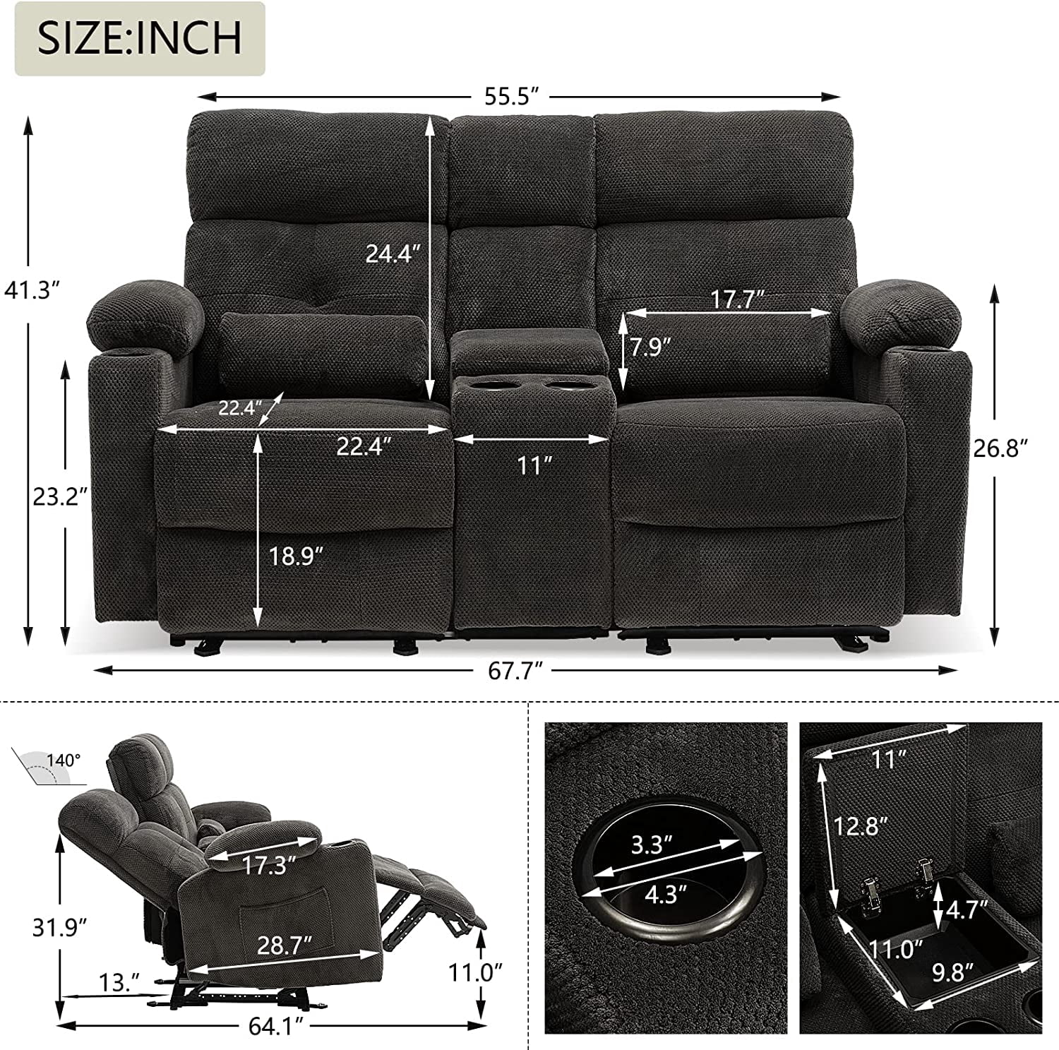 LVUYOYO Power Reclining Loveseat Baby Velvet Massage and Lumbar Heating Recliner