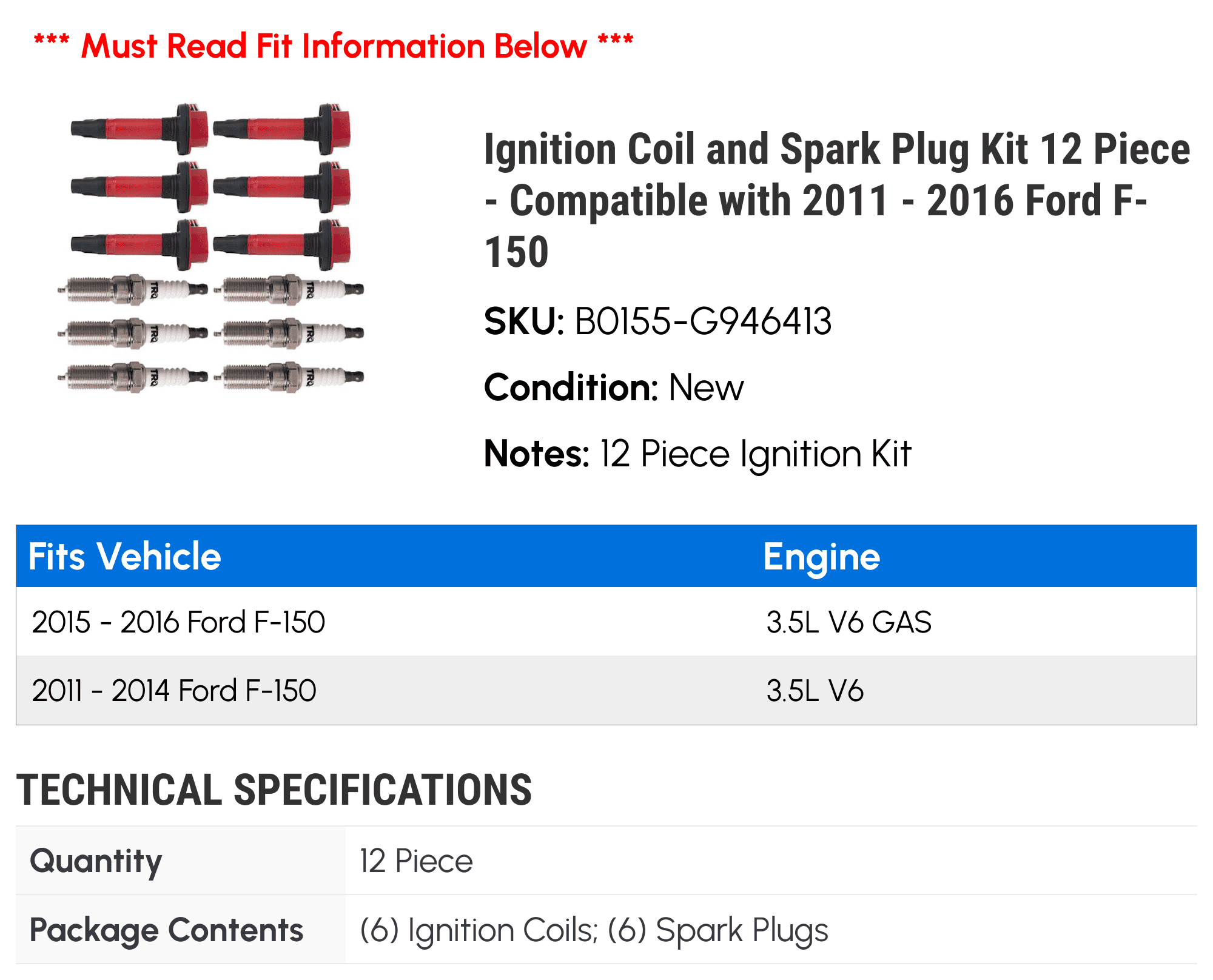 Ignition Coil and Spark Plug Kit 12 Piece - Compatible with 2011 - 2016 Ford F-150 2012 2013 2014 2015