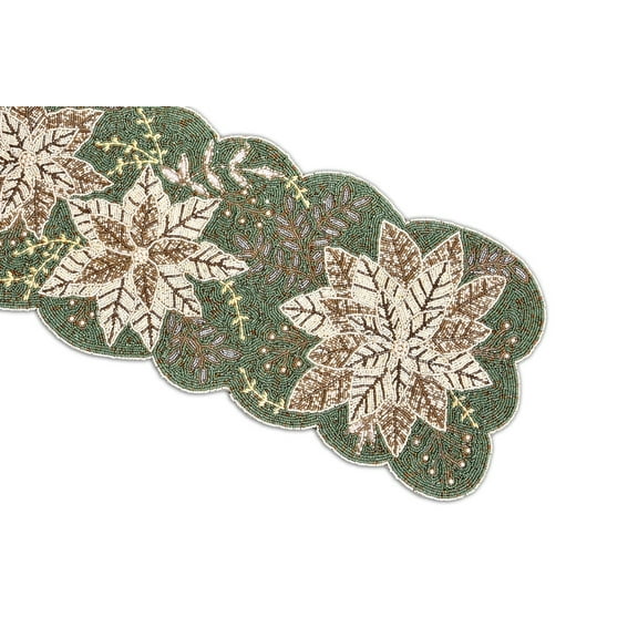 Green And White Floral Table Runner, Handmade Beads Table Runner, Designer Table Topper 13X36 Inches