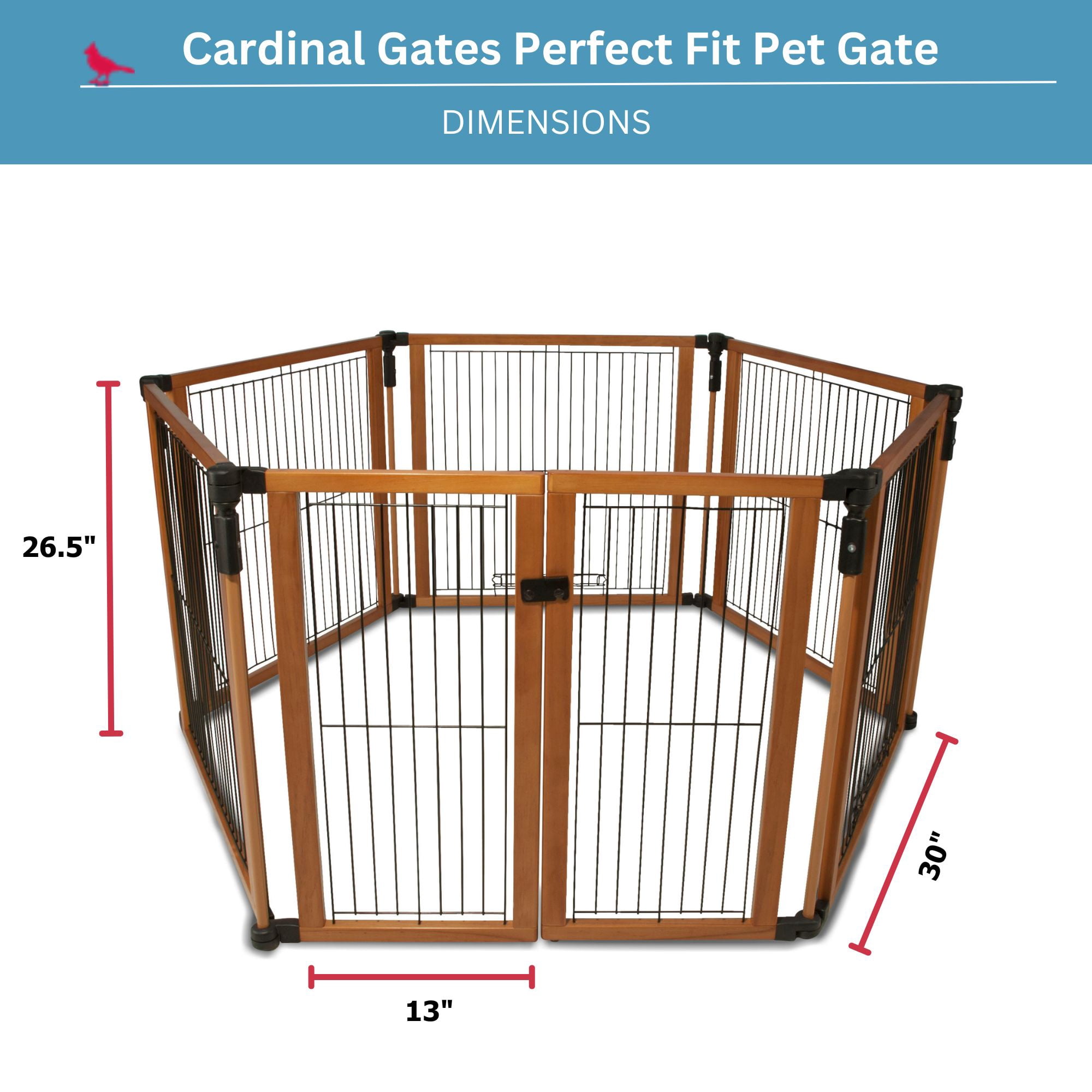 Cardinal Gates Pet Gate - Dog Playpen Indoor - Pet/Puppy Exercise Pen Great for Containment - 5 Fixed Panels and One 2-Part Panel with a Latch - Highly Configurable - USA Based